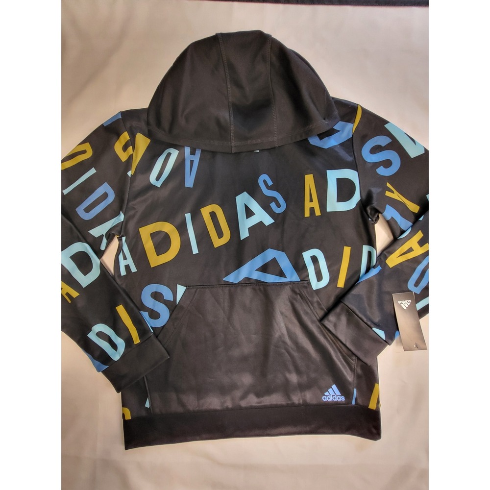 Adidas Boys XL 18/20 Hoodie Black Blue Yellow All Over Logo Print AA7642 NEW